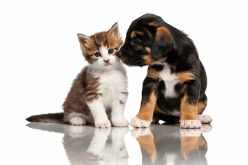 Fototapeta premium Kitten and puppy share a bond, reflected on the smooth white surface beneath