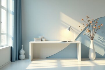Serene Workspace with Minimalist Design Featuring a Desk, Lamp, and Dried Flowers in a Vase