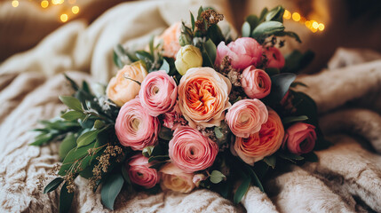 Fototapeta premium Luxurious Bouquet with Peony Roses, Tulips, and Mimosa in a Cozy Festive Setting