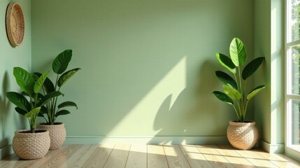 Fototapeta premium Serene Corner Sunlight Illuminates Lush Greenery in a Peaceful Room with Light Wood Floors and a Pale Green Wall