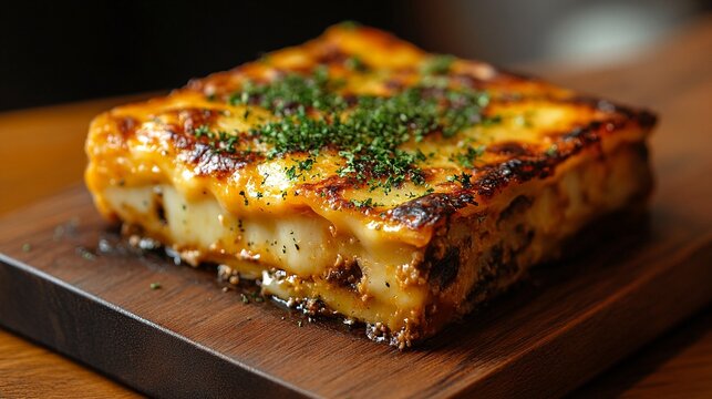 A slice of lasagna on a wooden cutting board.
