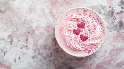 A pink-colored latte with a pink glitter heart in the middle.
