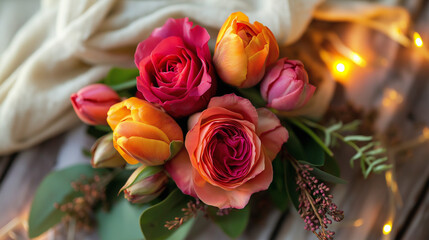 Elegant Floral Bouquet with Tulip-Shaped Roses, Tulips, and Mimosa on a Cozy Background