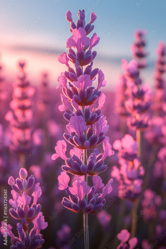 Poster a refreshing breeze blowing through a field of lavender,