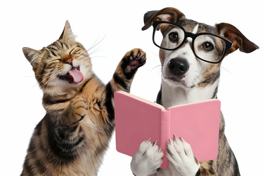 Playful cat and dog interact over a pink book, adding charm to the scene