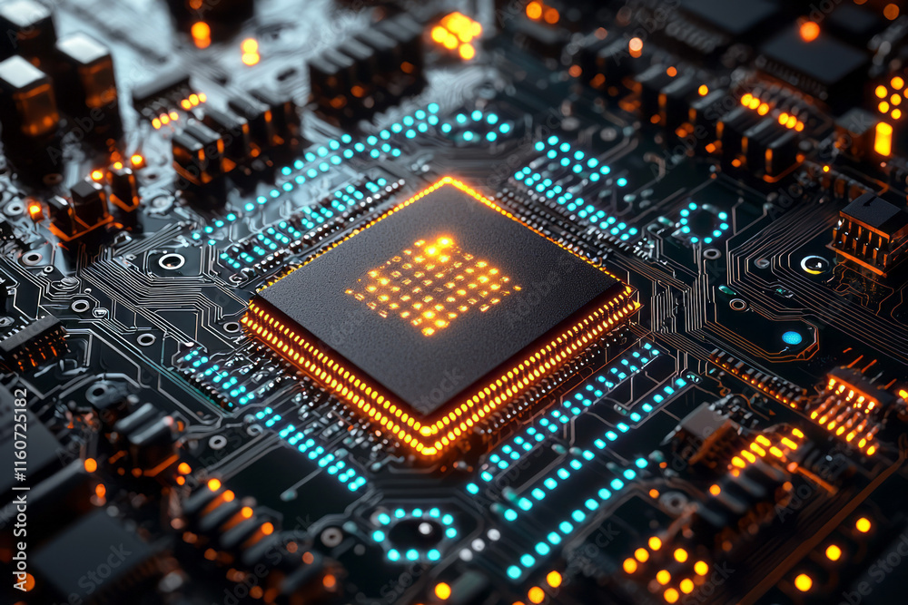 Poster A glowing computer chip embedded in a circuit board,