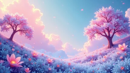 Serene dreamscape featuring blossoming trees and a field of flowers under a pastel sky