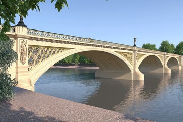 Fototapeta premium A decorative bridge spanning a calm river, showcasing architectural elegance and design.