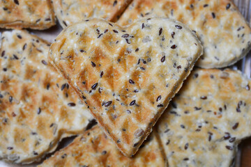 Homemade baked savory heart-shaped waffles