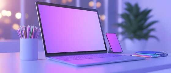 A laptop is open on a desk with a phone and a pen holder