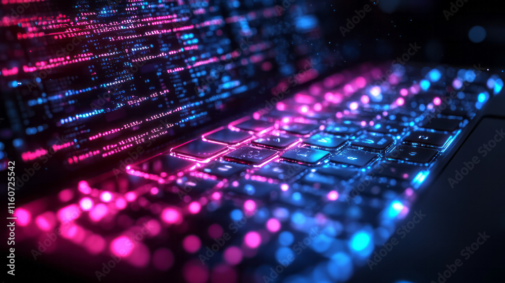 Poster A sleek laptop screen displaying lines of glowing code,