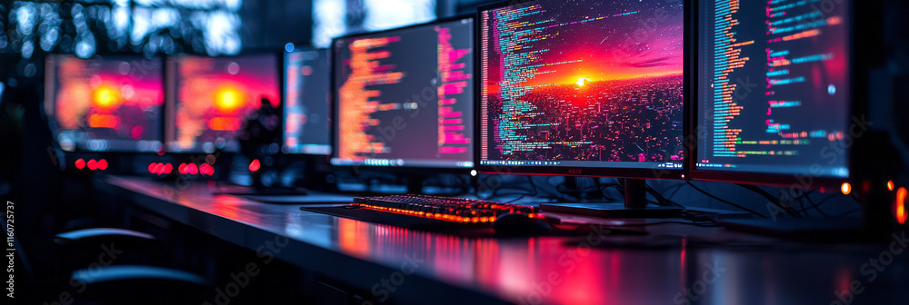 Poster A modern programmerâ€™s workspace with multiple monitors,