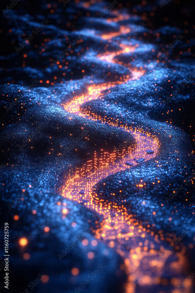 Poster an abstract representation of binary code cascading like a waterfall,