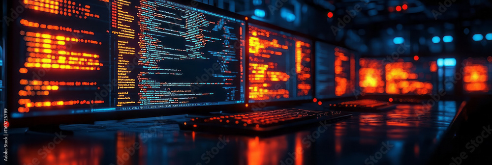 Poster a modern programmerâ€™s workspace with multiple monitors,