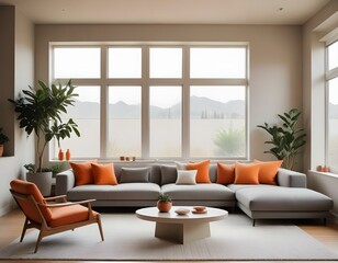 Fototapeta premium Minimalist Living Room Design Moody Terracotta Palette with Narrative Paneling