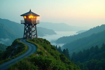 Illuminated Lookout Tower on a Serpentine Mountain Road at Dawn