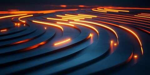 Naklejka premium Abstract glowing orange lines on dark blue surface.
