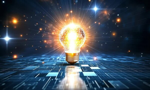 Glowing lightbulb on digital surface; innovation, technology, idea concept.