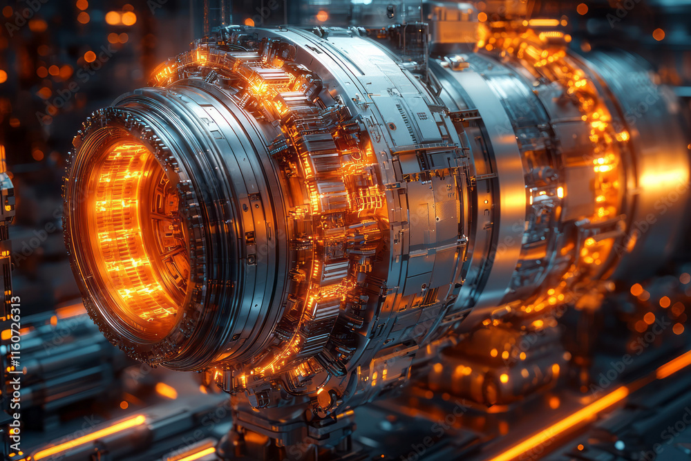 Poster A cross-section of an advanced engine showing intricate mechanical parts,