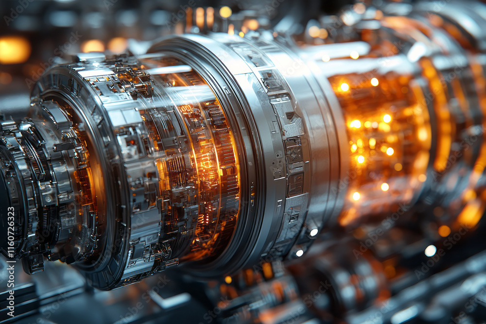 Poster A cross-section of an advanced engine showing intricate mechanical parts,