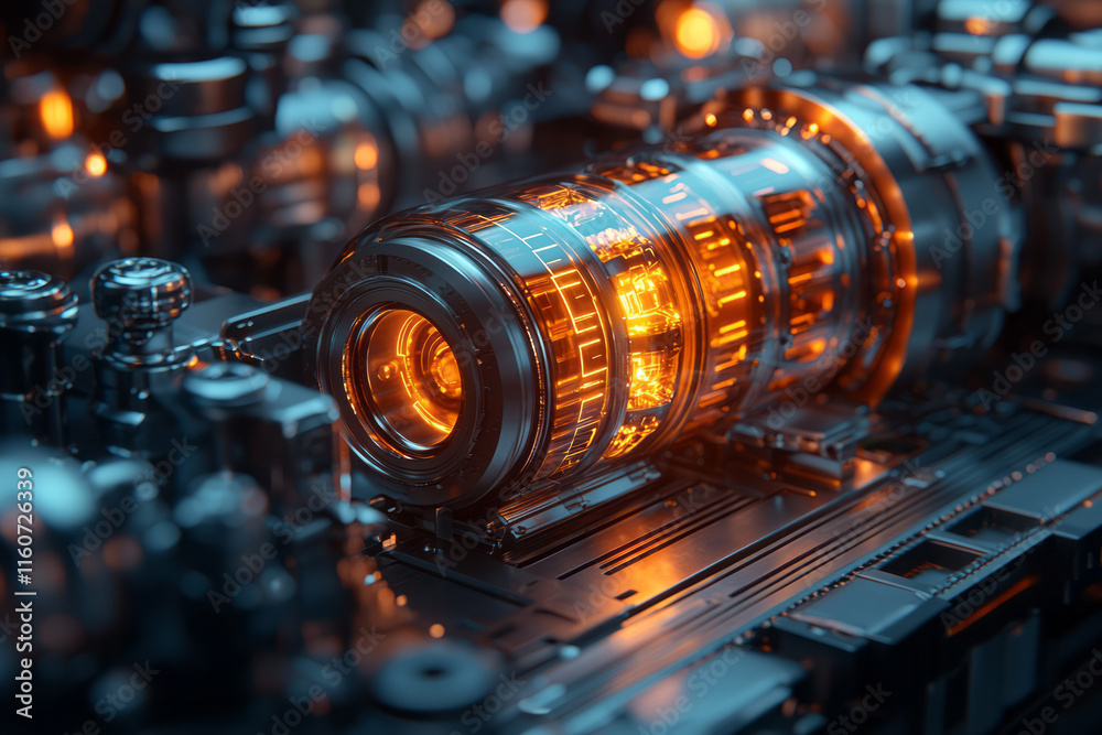 Poster A cross-section of an advanced engine showing intricate mechanical parts,