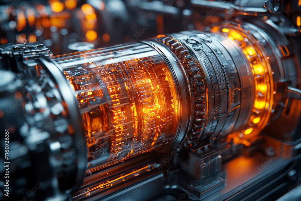 Poster a cross-section of an advanced engine showing intricate mechanical parts,