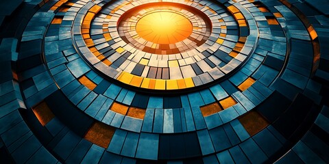 Naklejka premium Abstract circular pattern of blue and orange tiles radiating from a bright center.