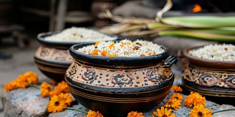 Pongal. Traditional rice dish served in handcrafted clay pots adorned with vibrant marigold flowers, representing cultural heritage.