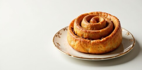 Fototapeta premium A Single Deliciously Baked Cinnamon Roll on an Ornate Plate, Ready to be Enjoyed