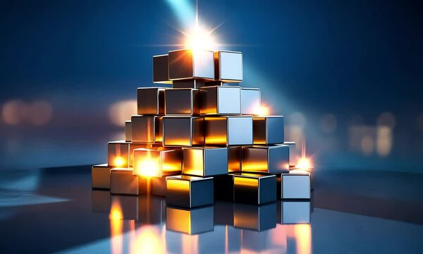 Glowing metallic cubes stacked in pyramid shape on reflective surface.