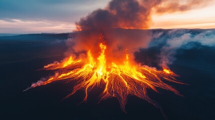 Volcanic eruption with lava flows at sunset.