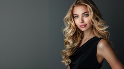 Naklejka premium Beautiful blonde woman with long curly hair in a black dress.