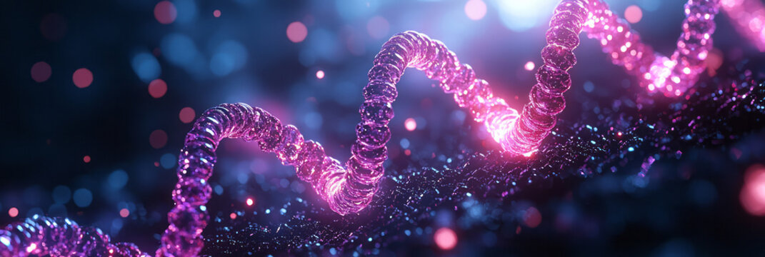 A DNA double helix glowing in soft blue light,