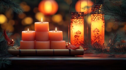 Warm candles on bamboo tray, illuminated by lanterns, amidst festive decorations.