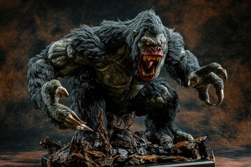 A detailed sculpture of a fierce, monstrous gorilla-like creature.