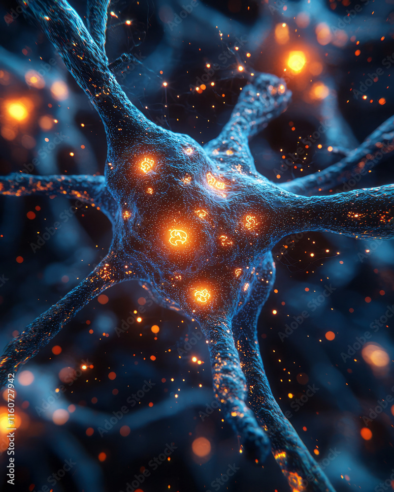 Poster a detailed image of a neuron with glowing synaptic connections,