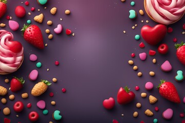 Valentines day background with candies and hearts. Top view  and empty space for text