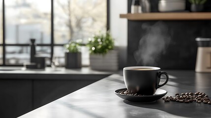 Obraz premium Steaming coffee cup on kitchen counter with coffee beans.