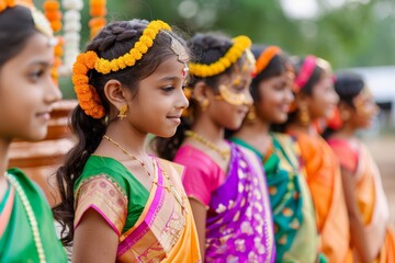 Fototapeta premium Pongal. Portrait of a young girl in traditional Indian attire with floral decorations, showcasing cultural elegance.