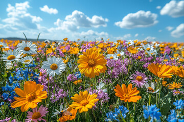 Obraz premium A bright meadow filled with wildflowers and buzzing insects,