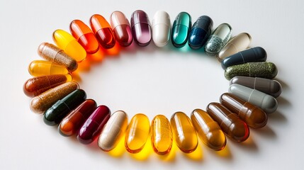 Obraz premium Caplets and capsules arranged in a circular pattern.