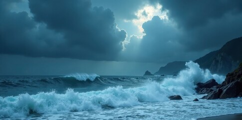 Obraz premium Ocean waves crashing against a rocky shoreline under a dramatic, cloudy sky