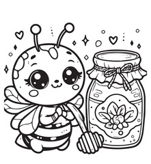Coloring book cute bee with bottle of honey