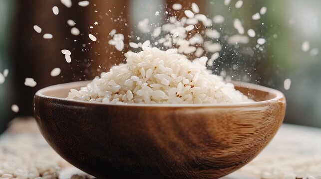 A bowl of rice with grains being tossed into it.