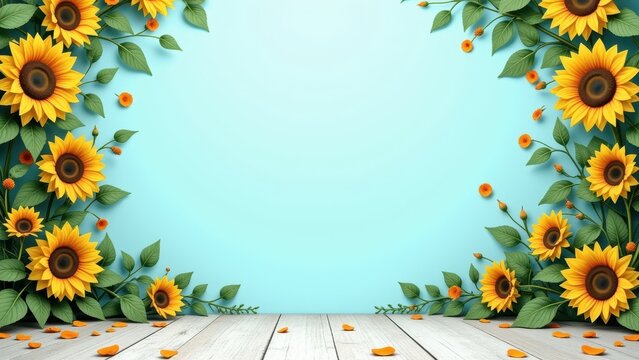 A serene wooden floor, highlighted against a soft blue backdrop, invites contemplation as vibrant orange flowers gently spill across its horizontal planks