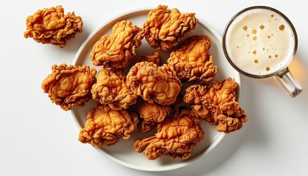 Crispy Fried Chicken Pile with Refreshing Beer in Upscale Presentation on White Background