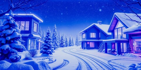 A snowy road with a blue sky and a city in the background. Scene is calm and tranquil, as the snow-covered trees and the quiet cityscape create a sense of stillness and serenity