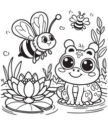 Coloring book cute honey with cute frog together