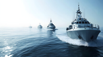 Naval patrol boats cruising through the open sea, maintaining security and vigilance in international waters, symbolizing maritime defense and global cooperation.
