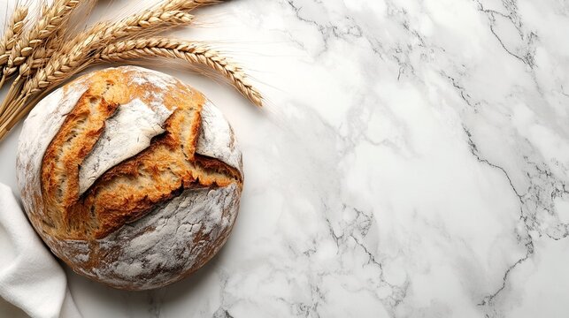A loaf of bread with wheat stalks on marble countertop.